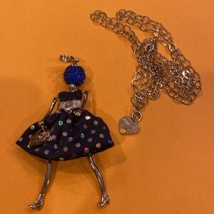 Le Amiche Silver-Tone Sky Blue Rhinestones Doll Charm w/Chain 32” Made In Italy